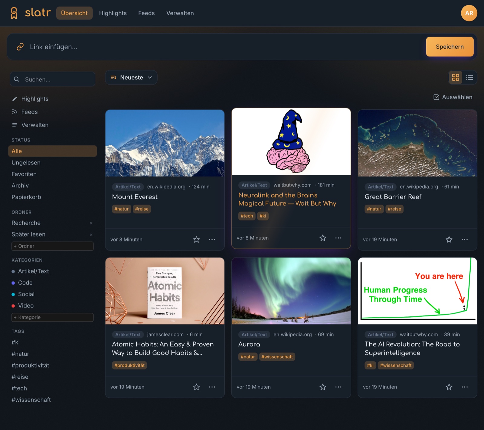 Screenshot der slatr-Leseliste im Dark Mode mit Ordnern, Kategorien und Tags